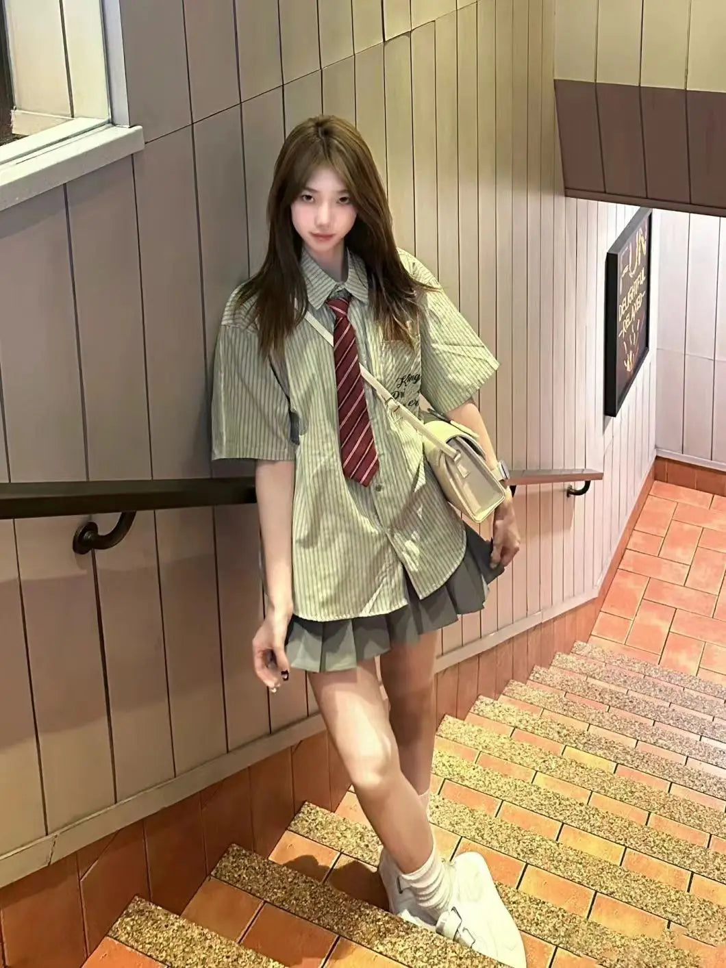 Loose Women's Green Striped Short Sleeve Shirt Korean College Style Summer 2025 Casual Sweet JK Top Polyester Cotton Blend