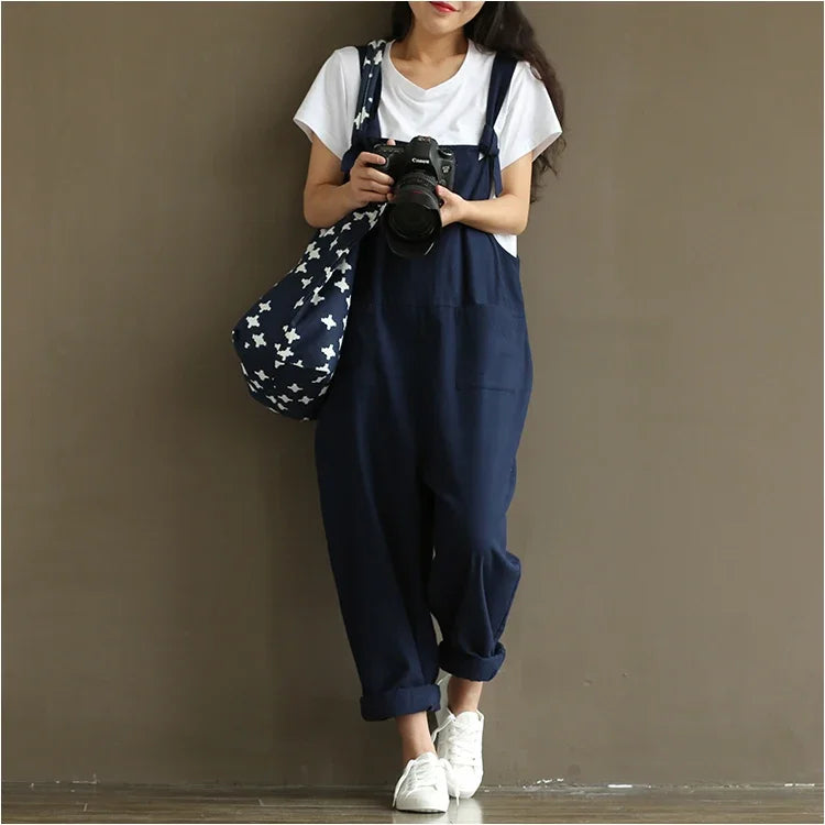 Artistic Vintage Deep Blues Cotton Strap Casual Trousers Women's 1701 European American Style