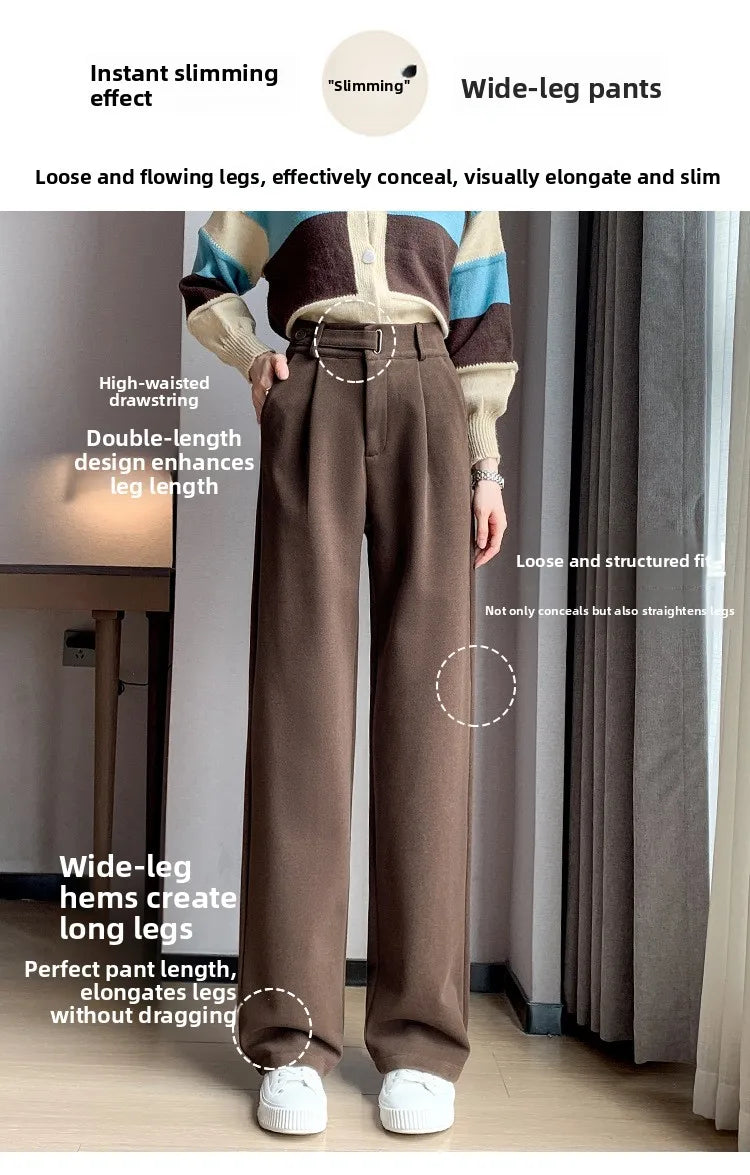 Thickened Fleece Lined Winter Wide Leg Pants High Waist Floor Length Straight Cut Casual Trousers for Women Woolen Suiting