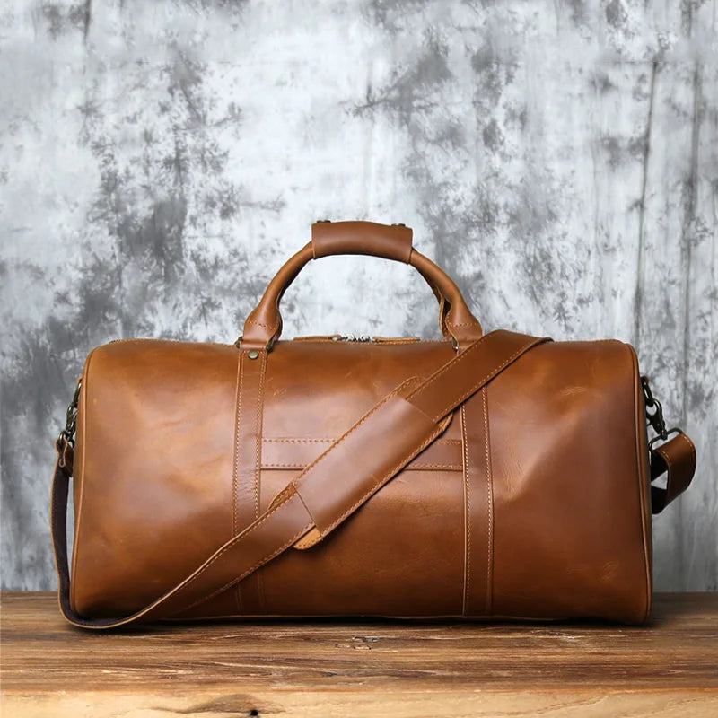NZPJ Men's Retro Leather Large-capacity Travel Bag Crazy Horse Leather Handbag Top Layer Cowhide Business Trip Shoulder Bag