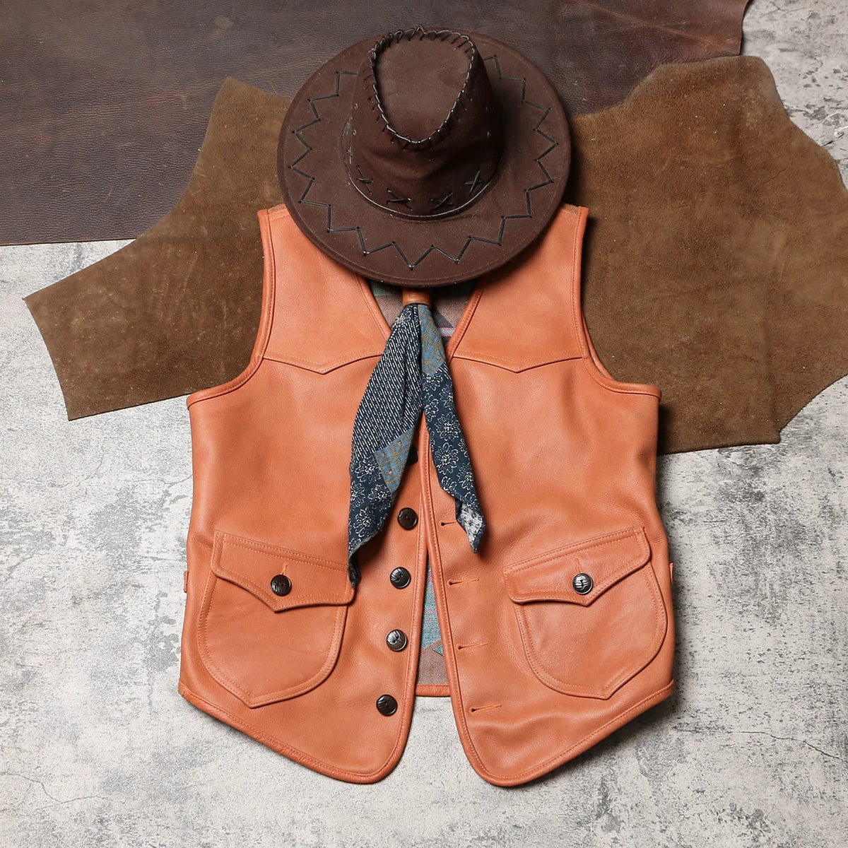 Orange Autumn Leather Vest Men Retro Style Plus Size 5XL Genuine Natural Cowhide Short Single Breasted Sleeveless Spliced Coat