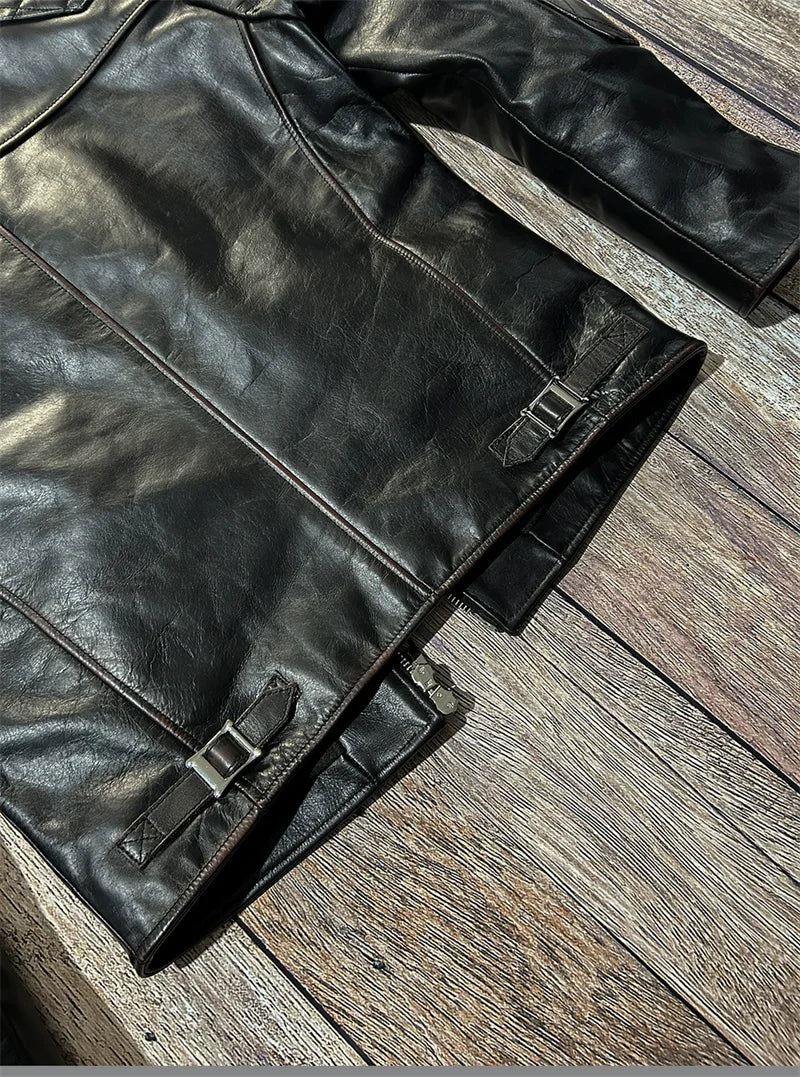 Black Winter Leather Jacket Men Vintage Style Plus Size 5XL Genuine Natural Cowhide Stand Collar Slim Fit Leather Coat