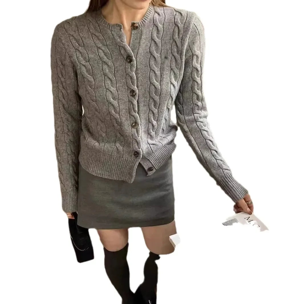Women's Knitted Wool Sweater Cardigan round Neck Thick Outerwear Top Retro Twisted Knit Autumn Winter Sweater Crew Neck