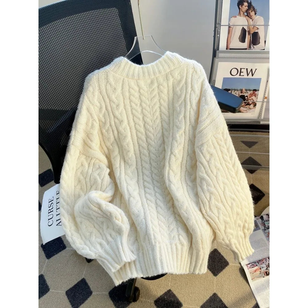 Women's Thickened Lazy Design Knitted Cardigan Sweater Outerwear Loose Princess Sleeve V-Neck Long Sleeve Autumn Winter Coat