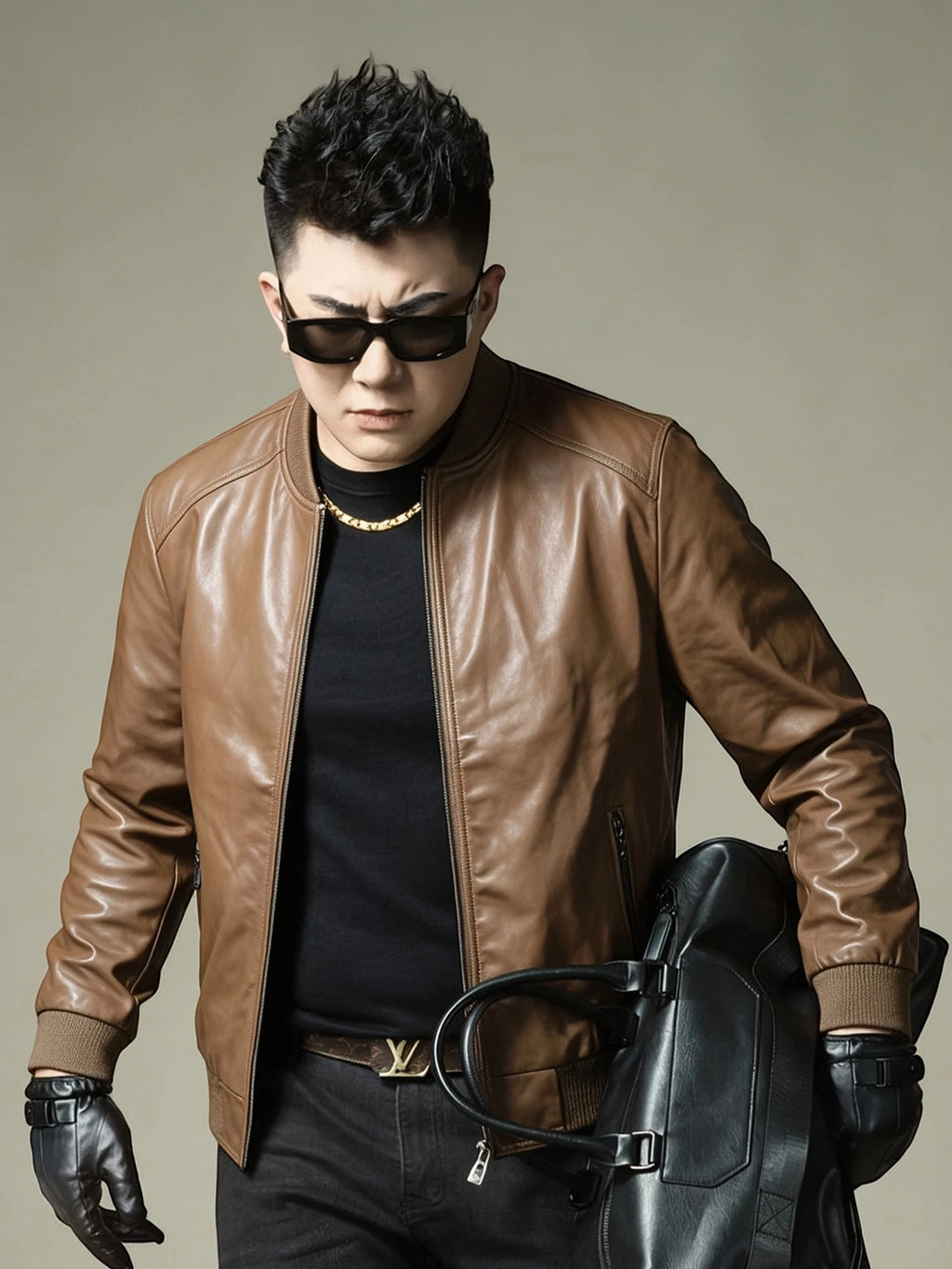 2026 Autumn New Men's Baseball Collar Biker Style Casual Leather Jacket High End Fashion Outerwear Slim Fit Long Sleeve Zipper