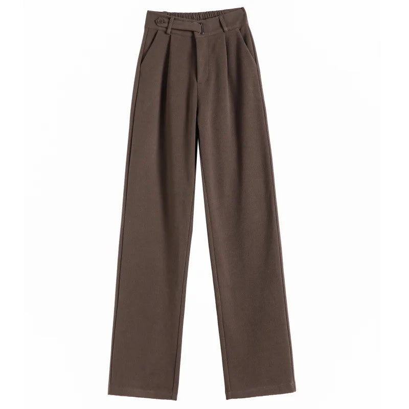 Thickened Fleece Lined Winter Wide Leg Pants High Waist Floor Length Straight Cut Casual Trousers for Women Woolen Suiting