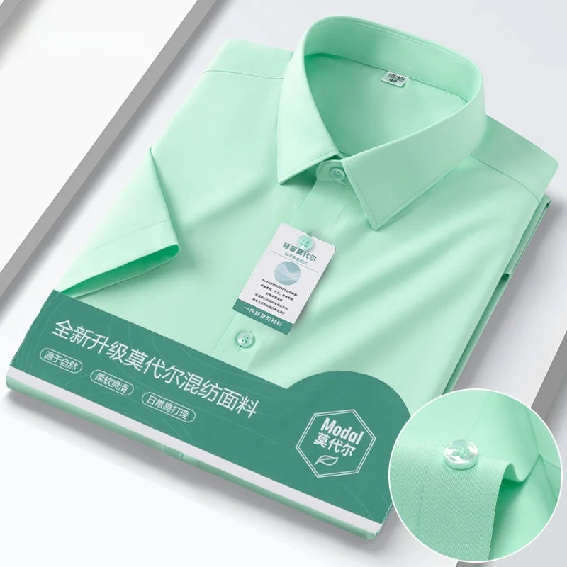 Iron-Free Ice Silk Modal Men's Business Style Slim Fit Short Sleeve Shirt Pure Color Breathable Comfortable Office Work Shirt