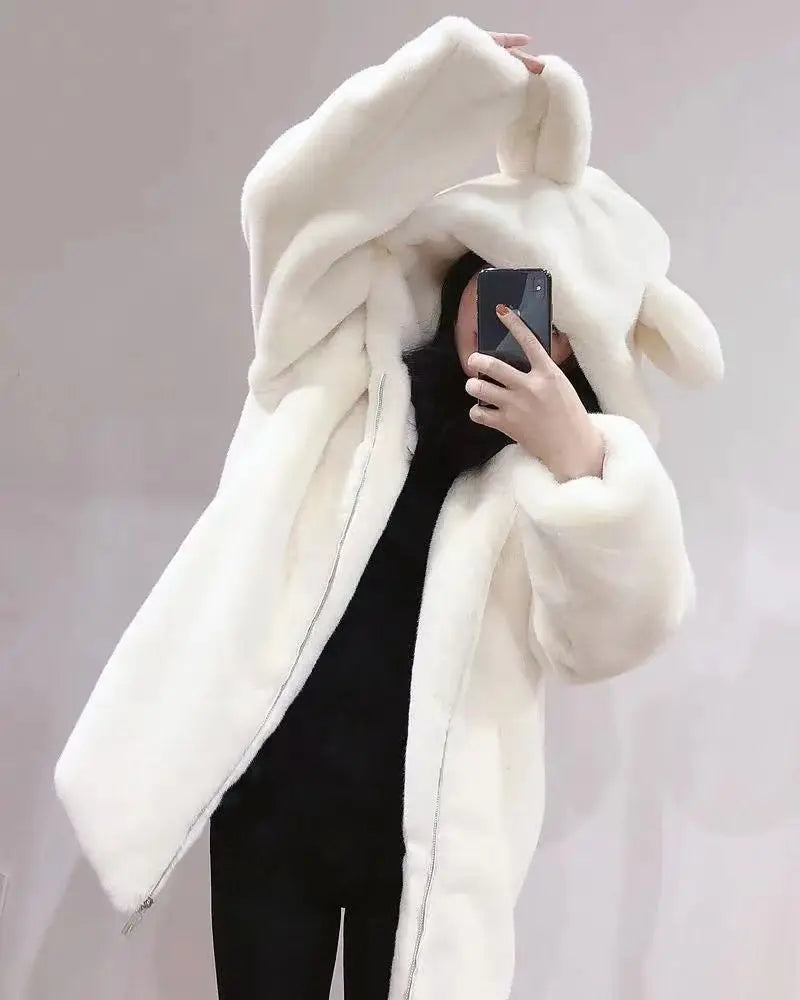 Autumn Winter Thickened Bear Ear Hooded Coat Women's Fashionable Fluffy Simulation Fur Jacket Cute Long-Line Casual Outfit