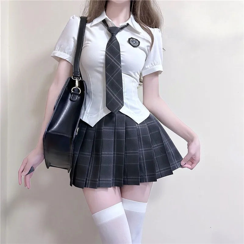 American Style Uniform Short Sleeve Women's School Uniform Set Waist-Cinching Jk Outfit Mini Skirt Sweet Fresh Princess Sleeve