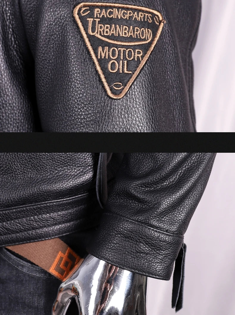 Black Autumn Leather Jacket Men Sports Style Plus Size 5XL Genuine Natural Cowhide Stand Collar Slim Fit Short Coat