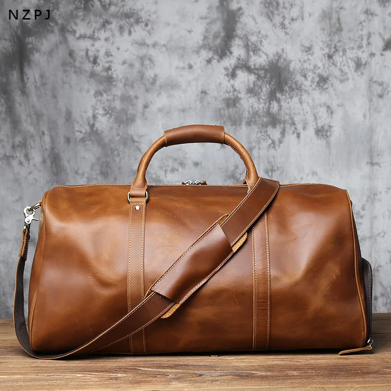 NZPJ Vintage Genuine Leather Men's Travel Bag Large Capacity Luggage Bag Crazy Horse Leather Handbag Natural Cowhide Crossbody