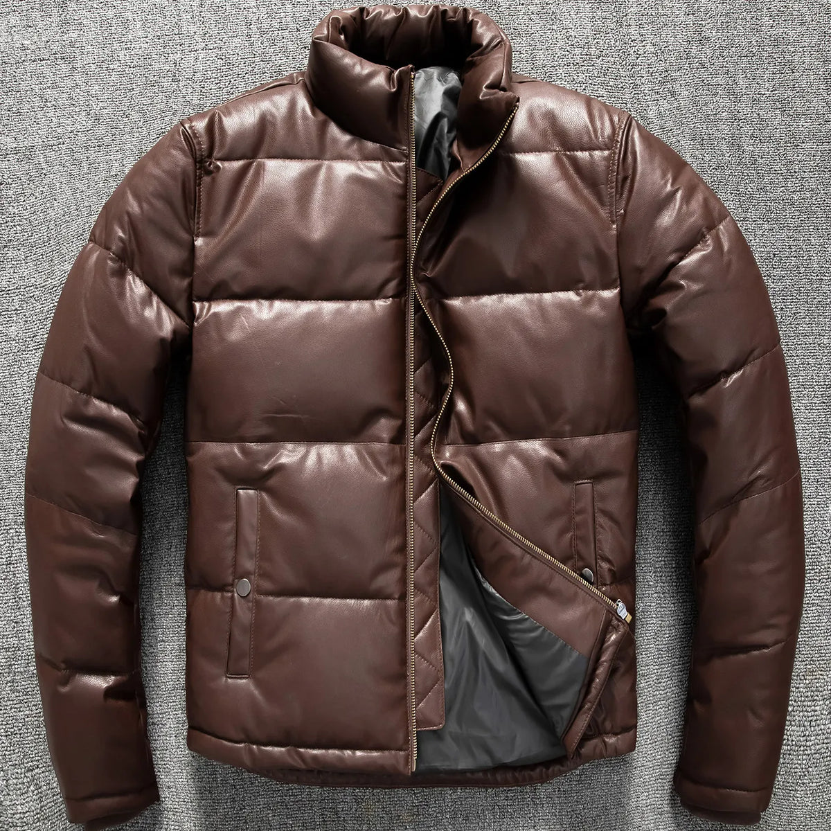 Brown Winter Leather Jacket Men Europe Size 3XL Retro Style Genuine Natural Sheepskin Stand Collar Thick Warm Casual Down Coat