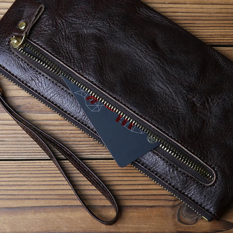 NZPJ Vintage Genuine Leather Long Wallet Top-Grain Cowhide Men's Clutch Women's Large Capacity Phone Bag