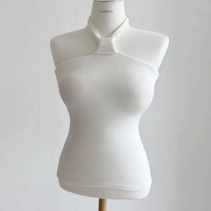Korean Dongdaemun New Style Slim Fit Shoulder Baring Vest Top Pure Color Short Sleeveless Sexy Body Shaping Cotton T-Shirt