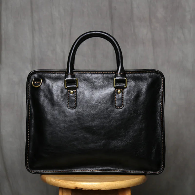 NZPJ Retro Men's Briefcase Leather Laptop Bag Top Layer Cowhide Casual Handbag 14 Inch Business Shoulder Bag Messenger Bag