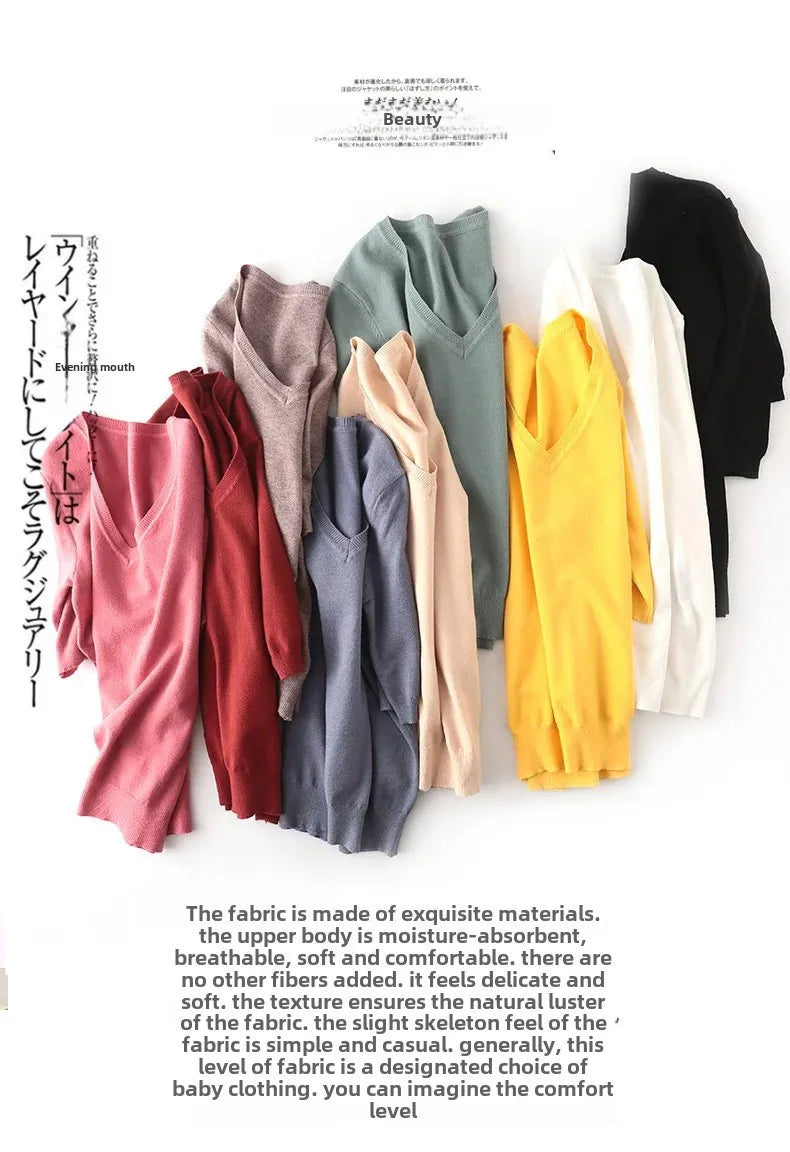 Spring Autumn New Style V-Neck Thin Knitted Loose Short Sleeve Women's T-Shirt Thin Summer Top Comfortable Base Layer Shirt