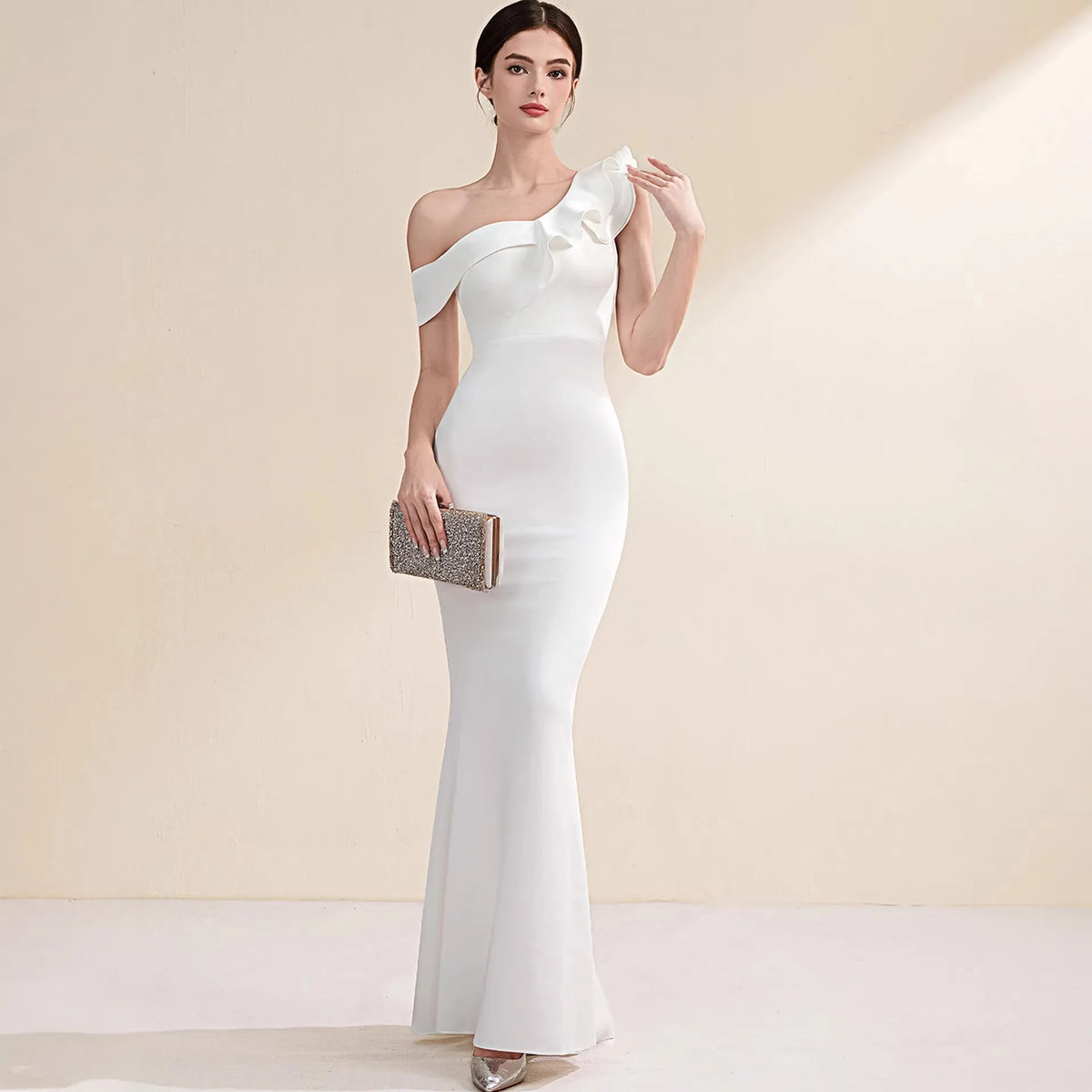 Elegant Evening Gown Slimming Fish Tail Dress Fashionable Shoulder Bared Polyester Long Sleeve High Waist Party Dress