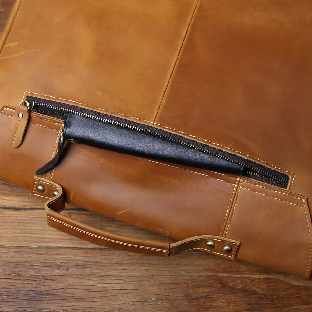 NZPJ Vintage Leather Men's Briefcase Crazy Horse Leather Handbag Casual Natural Cowhide Computer Bag Shoulder Messenger Bag