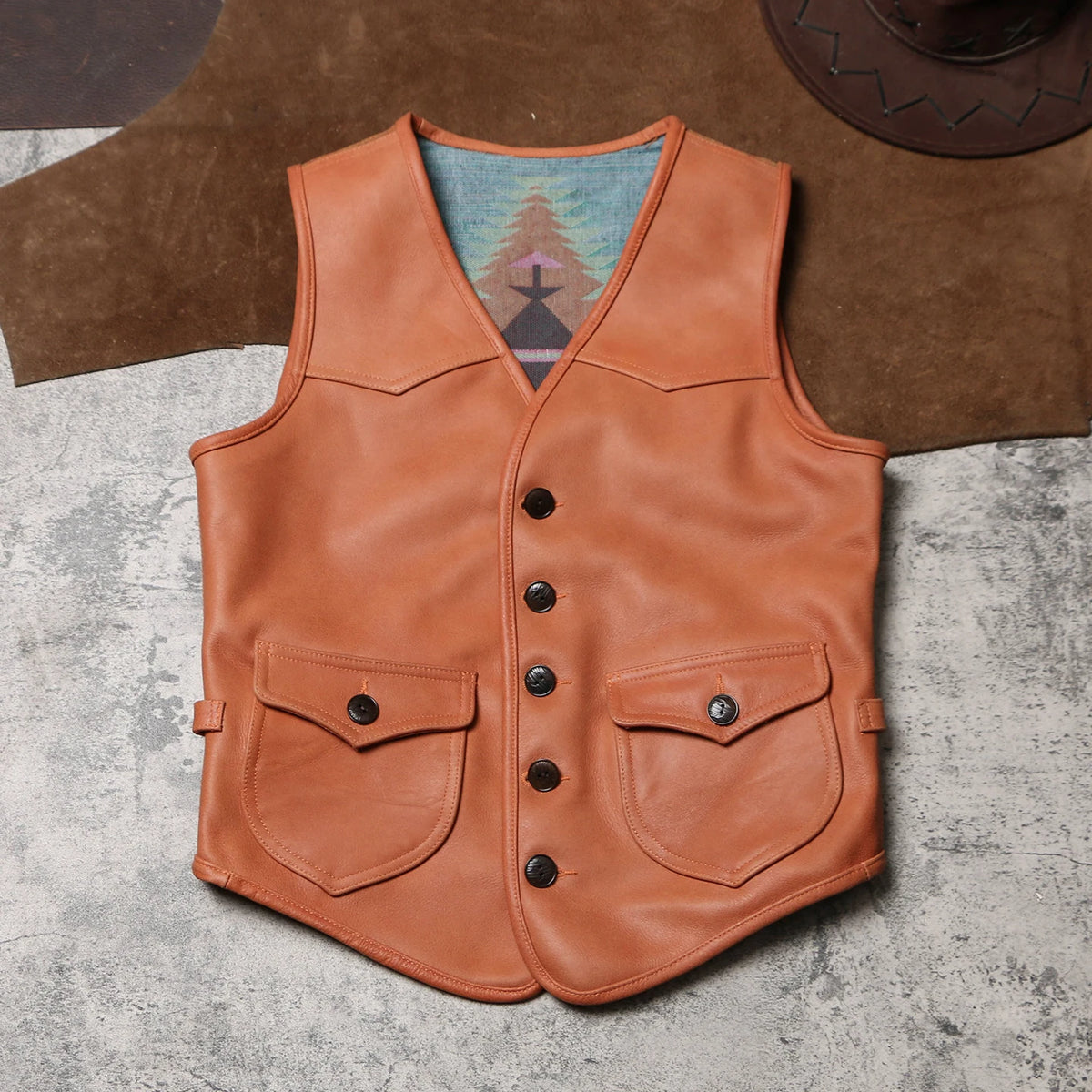 Orange Autumn Leather Vest Men Retro Style Plus Size 5XL Genuine Natural Cowhide Short Single Breasted Sleeveless Spliced Coat