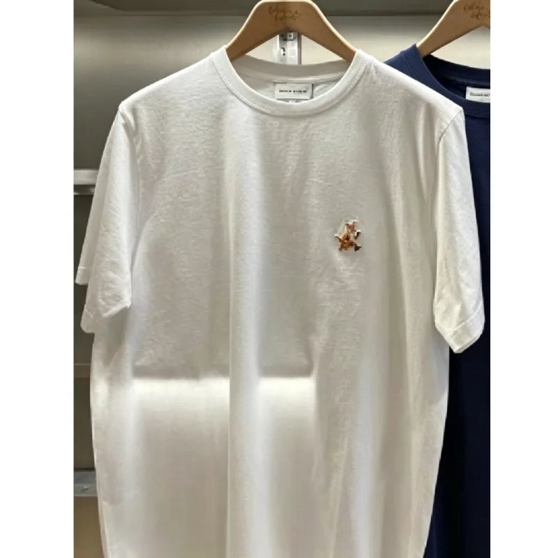 Embroidered Fox round Neck Short Sleeve T-Shirt Cotton Casual Loose Fit Youth Fashion Spring New Arrival Fox Pattern Tee