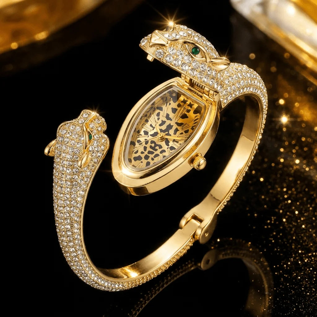 Ladies Luxury Leopard Head Bracelet Watch, Hidden Dial Gold Crystal Bracelet Watch, Ladies Elegant Gift