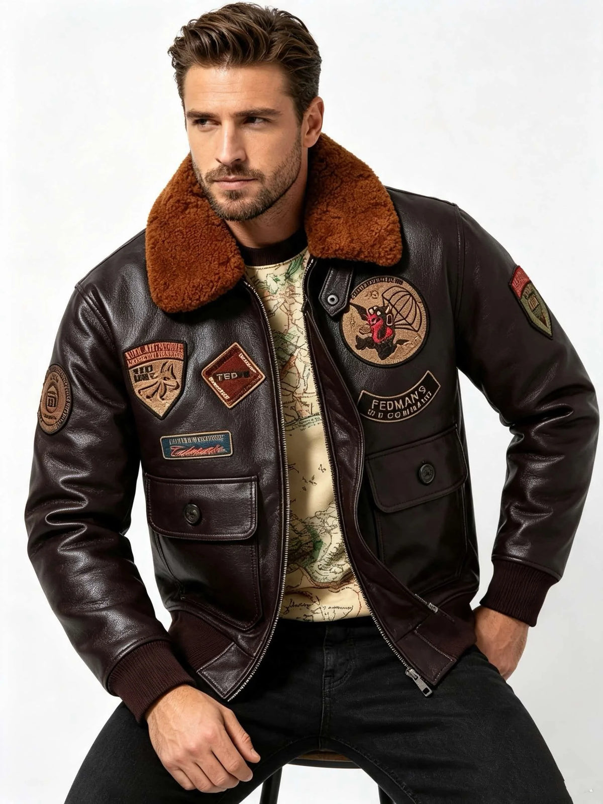 Dark Brown Winter Leather Jacket Men Retro Style Europe Size Genuine Natural Cowhide Turn-Down Collar Military G1 Flight Coat