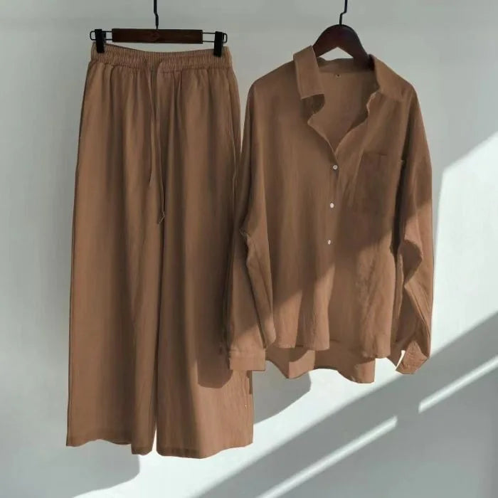 Retro Large Size Cotton Linen Shirt Set High Waist Loose Pants Two Piece Set Women's Clothing Casual Fashion Summer Season