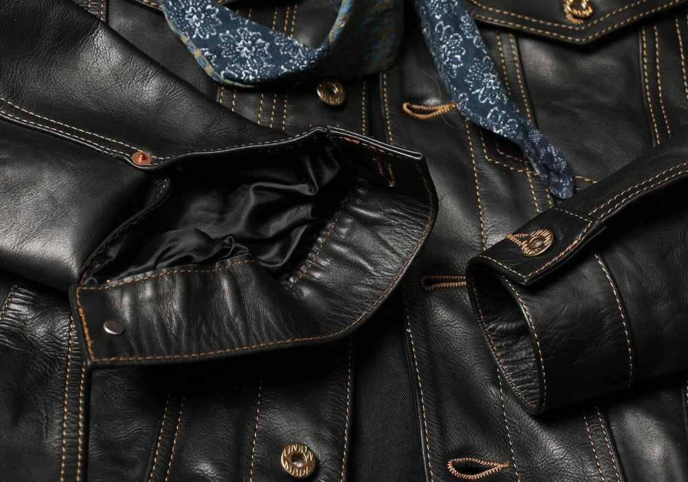 Black Autumn Leather Jacket Men Retro Style Plus Size 4XL Genuine Natural Thick Cowhide Single Breasted Casual Denim Coat