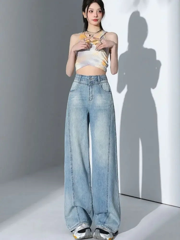 American Style High Waist Loose Women's Blue Jeans Retro Straight Leg Pants Drapey Floor-Length Trousers Versatile Wide Leg Pant