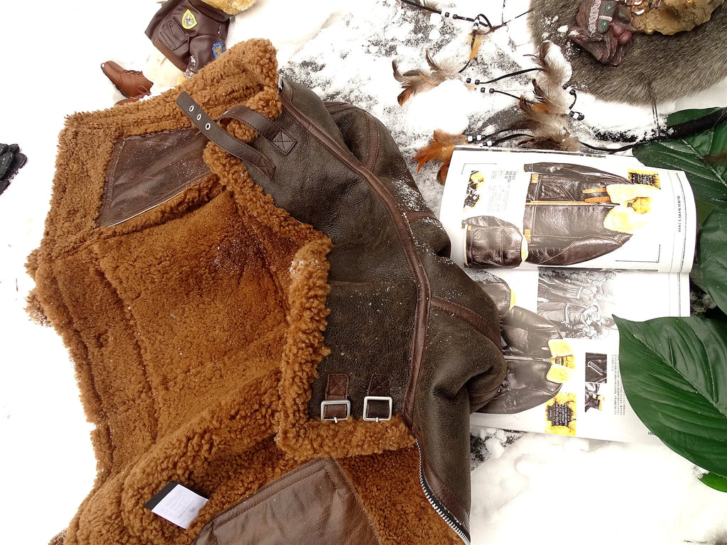 Dark Brown Winter Shearling Jacket Men Retro Vintage Style Plus Size 4XL Genuine Natural Sheepskin Bomber Military Flight Coat