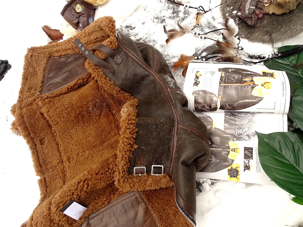 Dark Brown Winter Shearling Jacket Men Retro Vintage Style Plus Size 4XL Genuine Natural Sheepskin Bomber Military Flight Coat