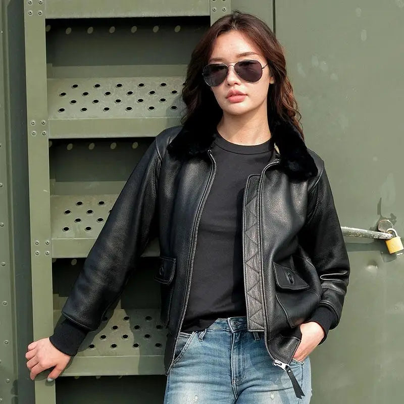Dark Brown G1 Pilot Leather Jacket Women Military Style Plus Size 3XL Genuine Natural Cowhide Wool Collar Flight Leather Coat