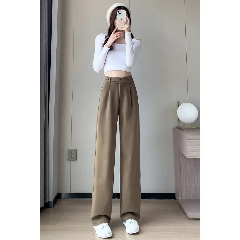 Thickened Fleece Lined Winter Wide Leg Pants High Waist Floor Length Straight Cut Casual Trousers for Women Woolen Suiting