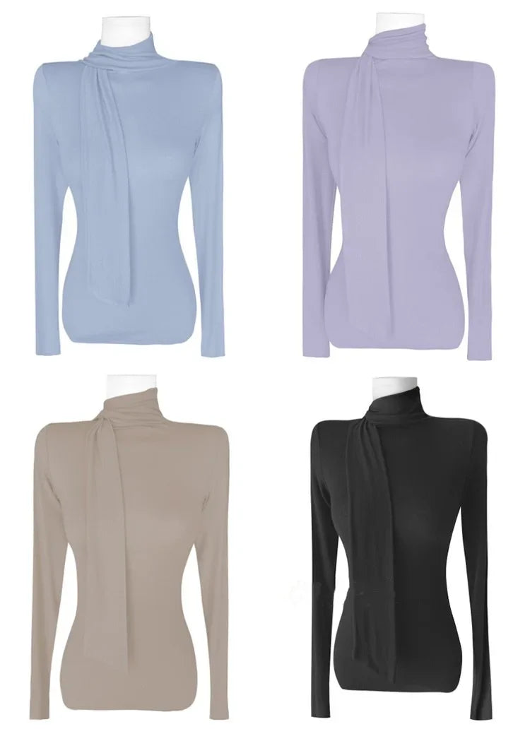 Korean Style Women's Long Sleeve T-Shirt Bow Design Halter Neck Slim Fit Comfortable Base Shirt Cotton Spring Summer Top