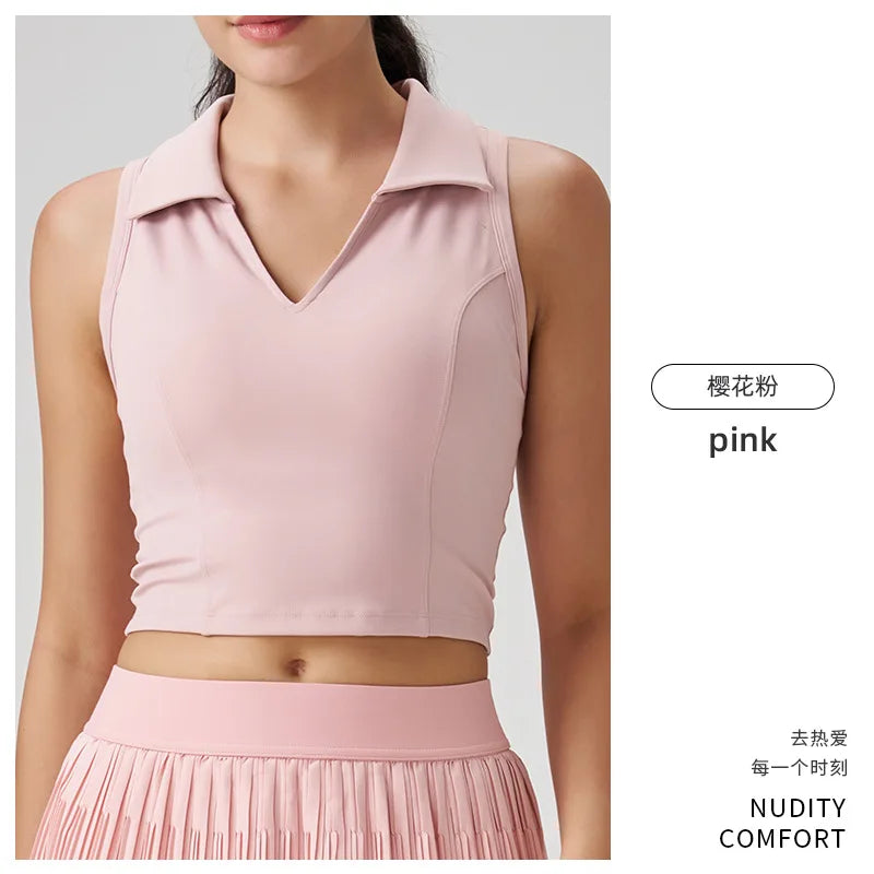 Outdoor Fitness Tennis Outfit Polo Shirt Sleeveless Collared Yoga Vest Breathable Nylon Spandex Slim Fit Youth Women's Top