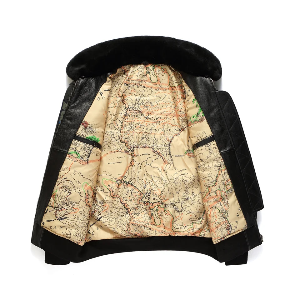 Black Winter Leather Jacket Men Retro Style Europe Size Genuine Natural Thick Cowhide Turn-Down Collar G1 Flight Coat