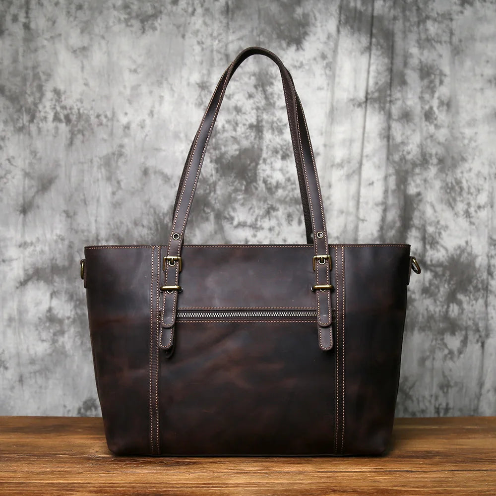 NZPJ Vintage Genuine Leather Tote Bag Crazy Horse Leather Handheld Crossbody Bag Top-Grain Cowhide Briefcase for Men and Women