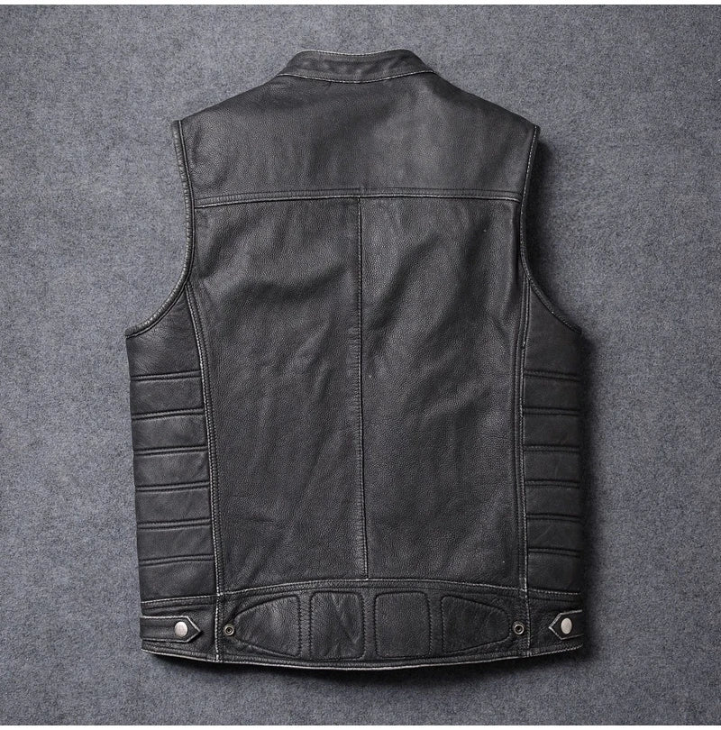 Black Four Seasons Leather Vest Men Vintage Style Plus Size 4XL Genuine Natural Cowhide Stand Collar Rivets Vest