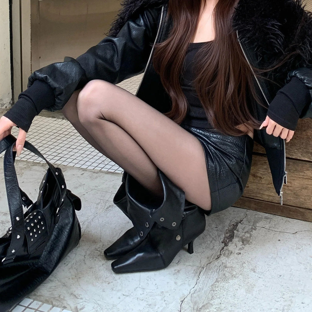 Yumeida Black High Heel Boots Women's Design Foldable Two-Way Wear Knight Long Boots above Knee Hot Girl Fashion Booties