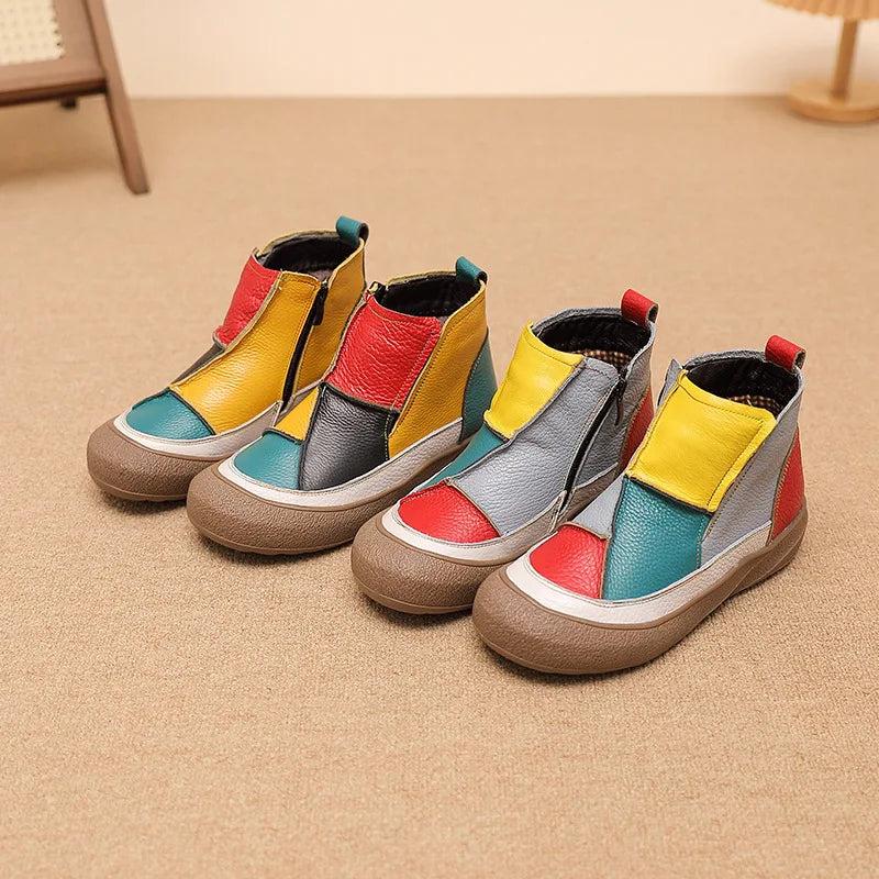 Comfortable Casual Women's Short Boots Spring Autumn Winter Seasonal Wear Breathable Warm Leather Slip-On Shoes Color Block D...