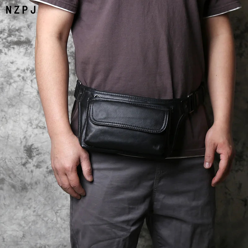NZPJ Men's Genuine Leather Waist Bag First Layer Leather Casual Chest Bag Soft Leather One-shoulder Crossbody Bag Man Belt Pouch