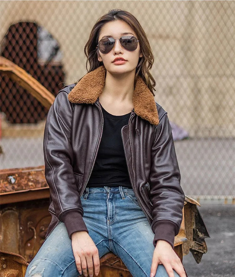 Dark Brown Autumn Leather Jacket Women Retro Style Plus Size 3XL Genuine Natural Cowhide Wool Collar Military G1 Flight Coat