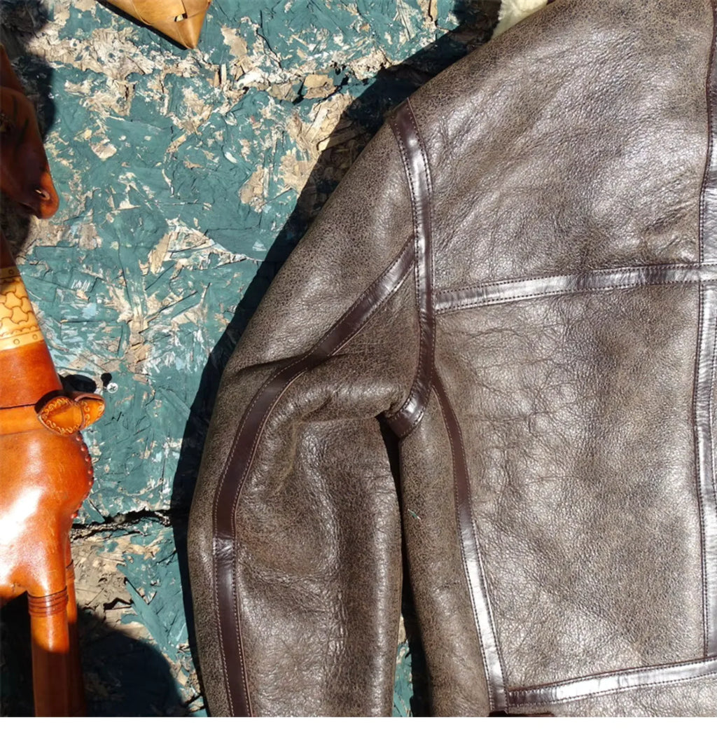 Dark Brown Winter Shearling Jacket Men Retro Style Plus Size 5XL Genuine Natural Thick Sheepskin B6 Bomber Flight Coat