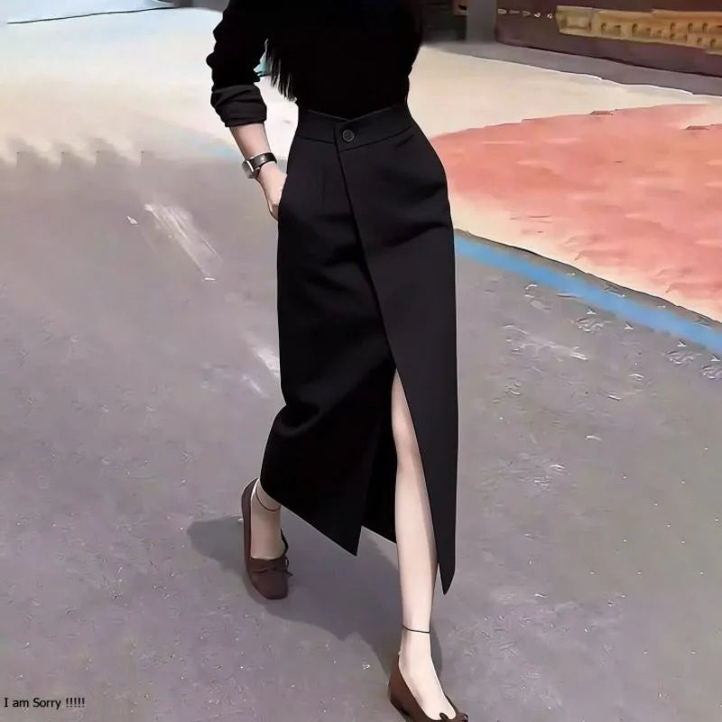Black Asymmetric Suit Skirt Women's Spring Summer New High Waist Slimming Fashionable Midi Skirt New Arrival Casual Elegant