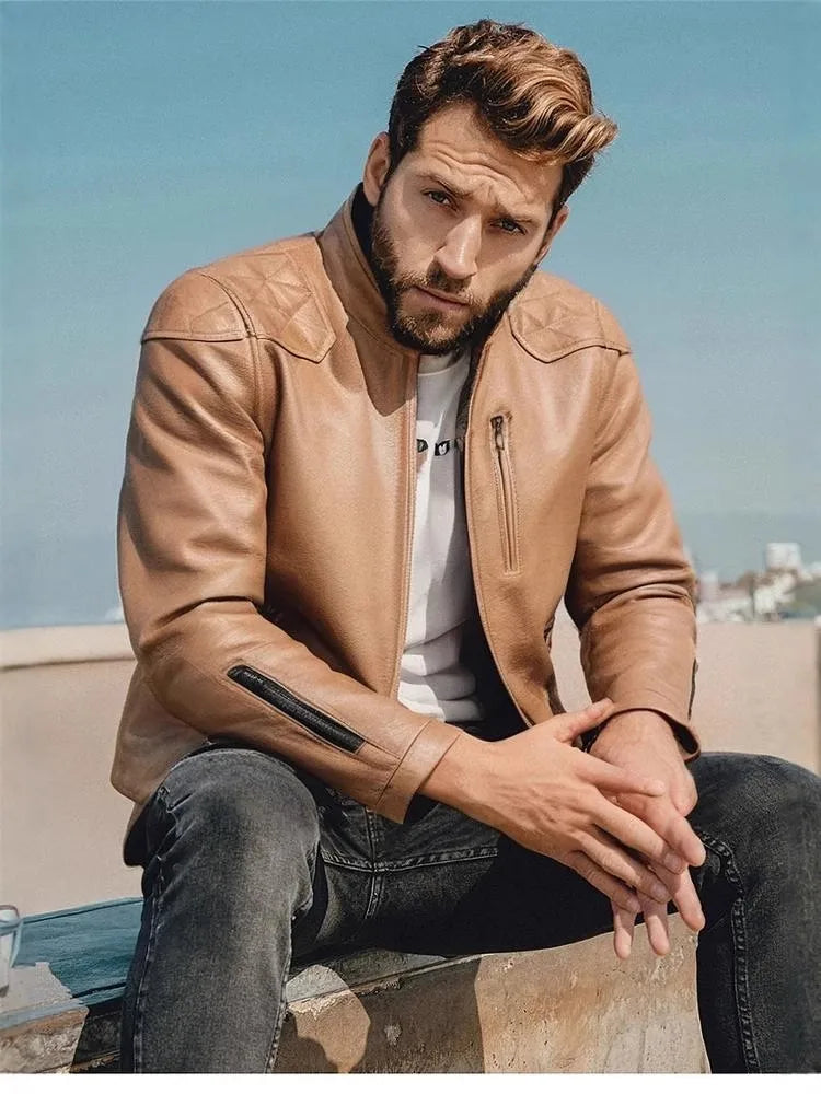 Light Brown Winter Leather Jacket Men Sprots Style Plus Size 5XL Genuine Natural Thick Cowhide Stand Collar Slim Leather Coat