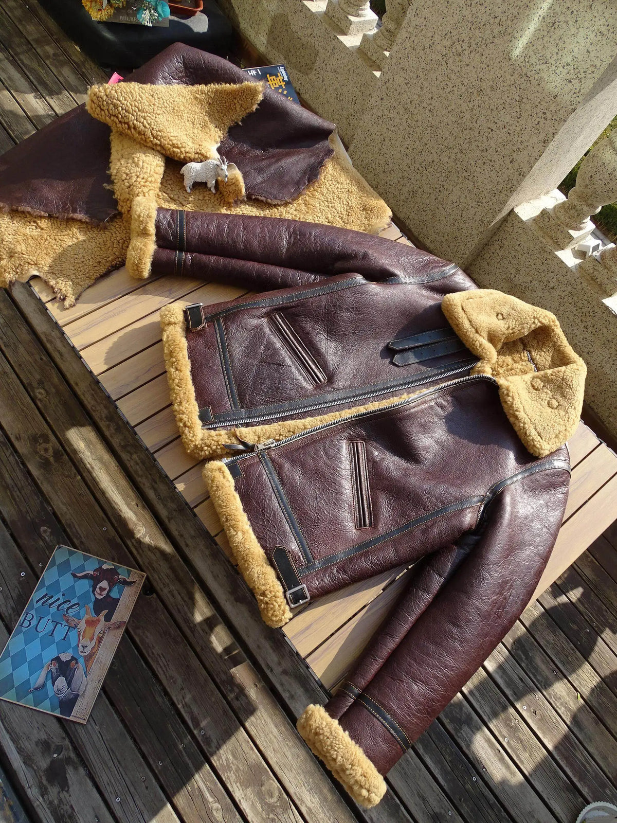 Purple Winter Shearling Jacket Men Military Style Plus Size 5XL Genuine Natural Thick Sheepskin Turn-Down Collar Flight Coat