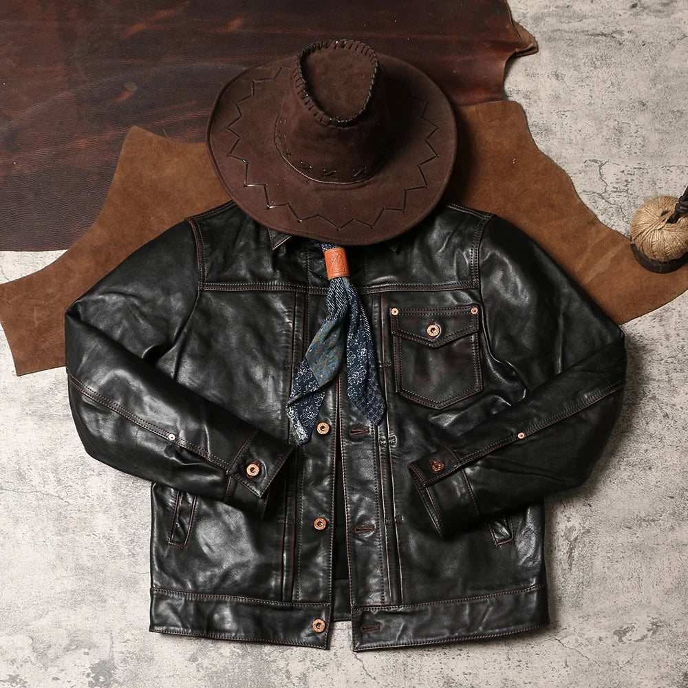 Black Autumn Leather Jacket Men Vintage Style Plus Size 5XL Genuine Natural Cowhide Turn-Down Collar Single Breasted Coat