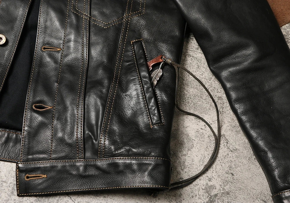 Black Autumn Leather Jacket Men Retro Style Plus Size 4XL Genuine Natural Thick Cowhide Single Breasted Casual Denim Coat