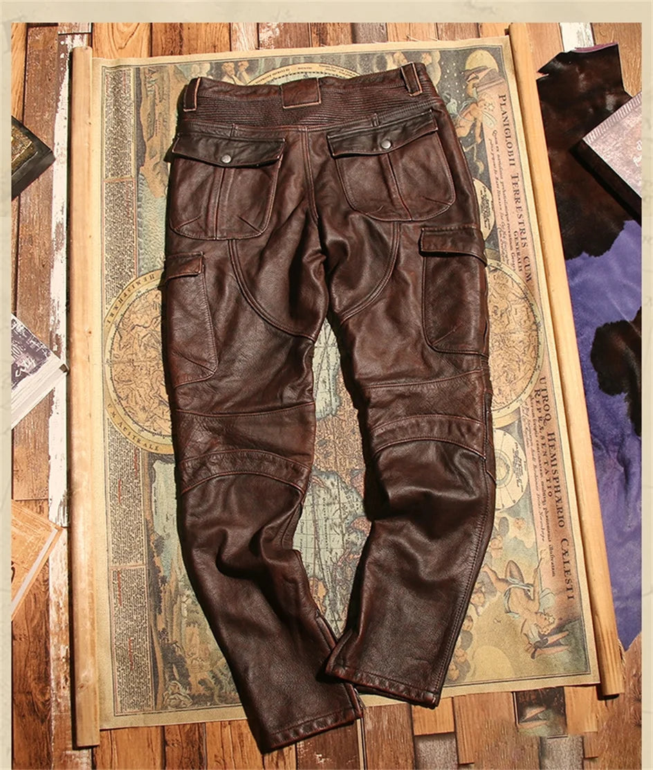 Retro Black Winter Leather Trousers Men Vintage Style Genuine Natural Cowhide Can Add Motorcycle Protection Device Leather Pants