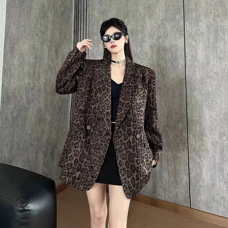 Ladies' Long Sleeve Leopard Print Suit Jacket Hepburn Style Casual Leisure Fashionable Mid-Length Coat Elegant Commute